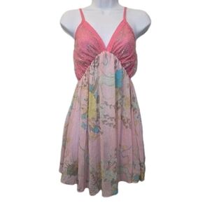 Pink V Neck Chemise Mini Dress Size Medium Tinsel Stripe Silver Lace Overlay